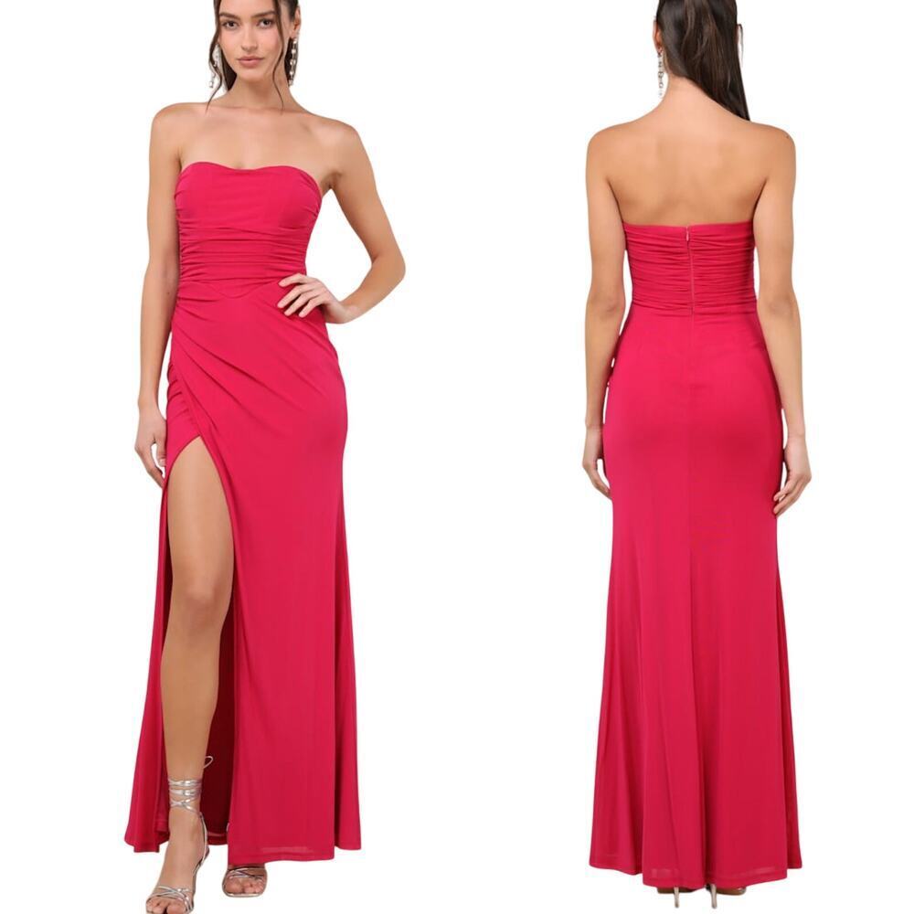Lulus Epitome of Allure Fuchsia Mesh Strapless Ruched Maxi Dress size S NWT